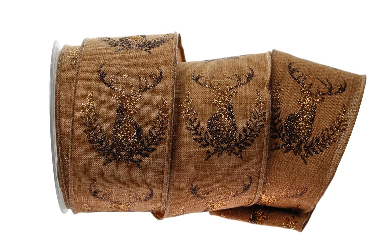 Dekoband Edelhirsch braun mit Draht 65mm