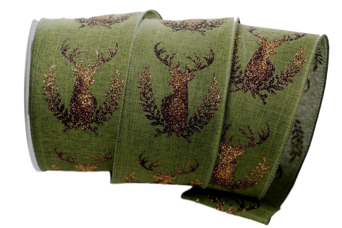 Dekoband Edelhirsch grün mit Draht 65mm