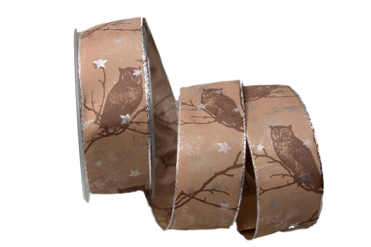 Dekoband Eule toffee 40mm mit Draht