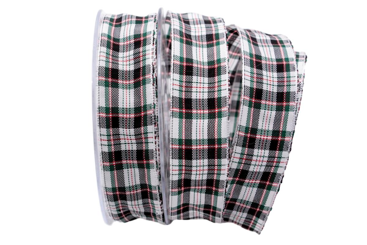 Dekoband Schottenkaro 25mm weiß schwarz mit Draht