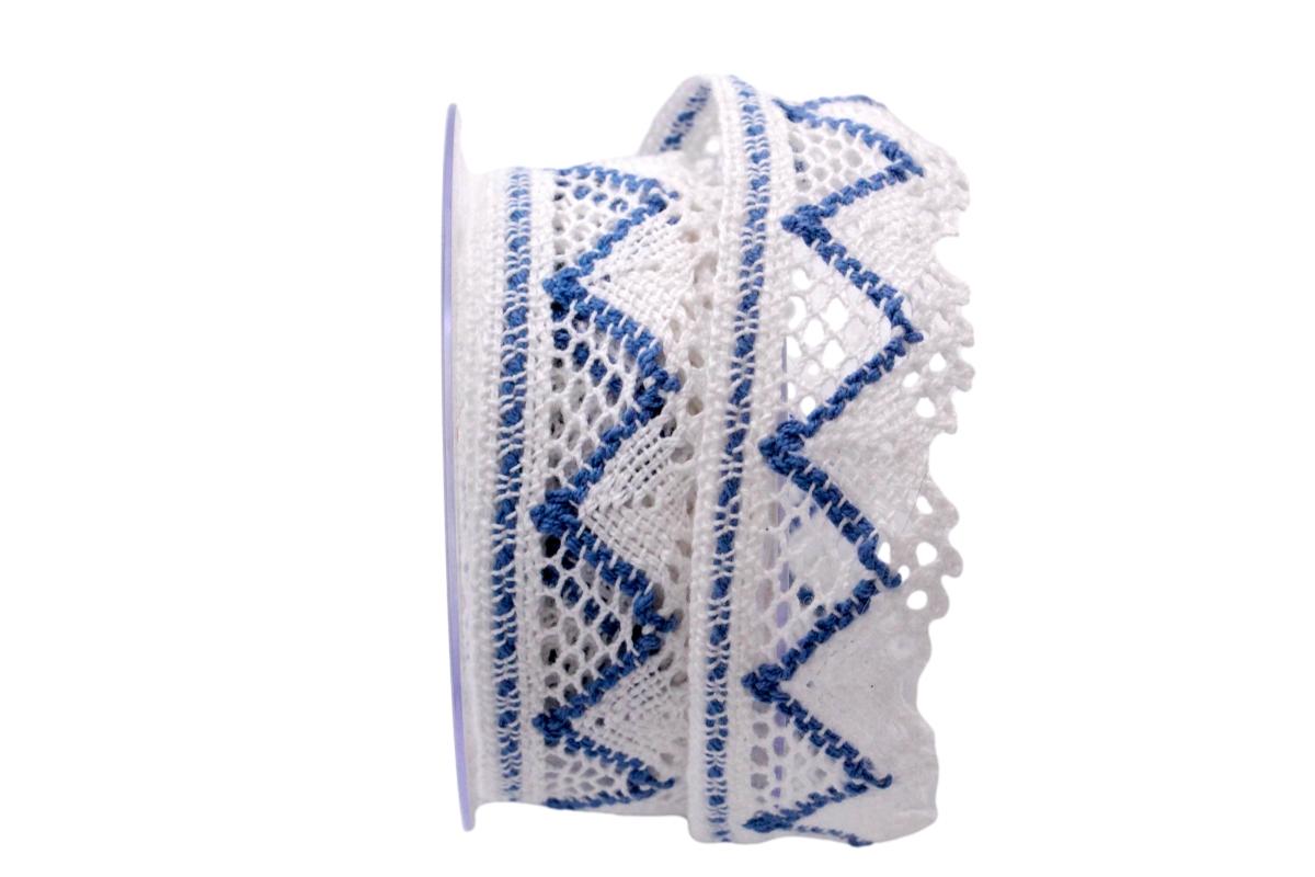 Dekoband Spitze 33mm weiß / blau ohne Draht