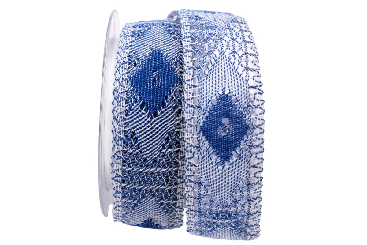 Dekoband Spitze 35mm blau / weiß ohne Draht