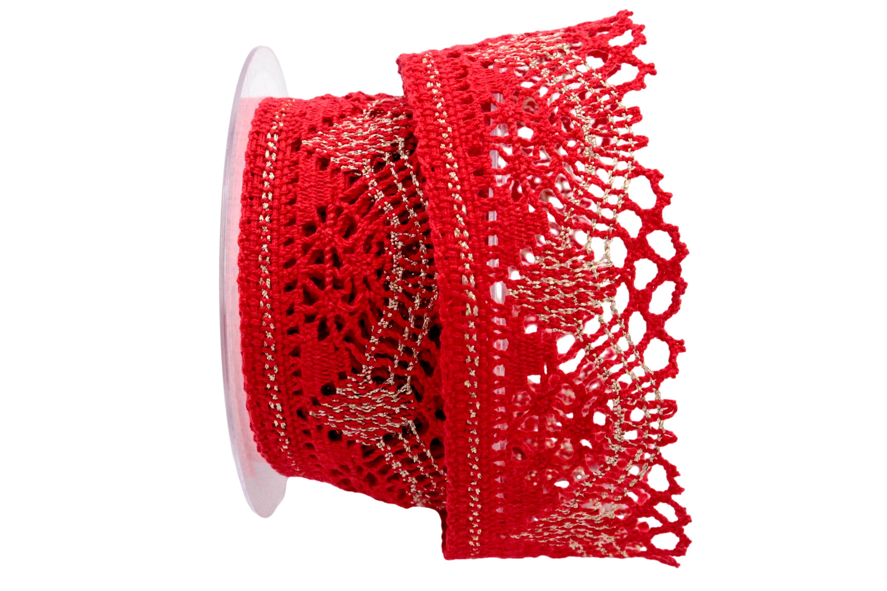Dekoband Spitze 50mm rot / gold ohne Draht