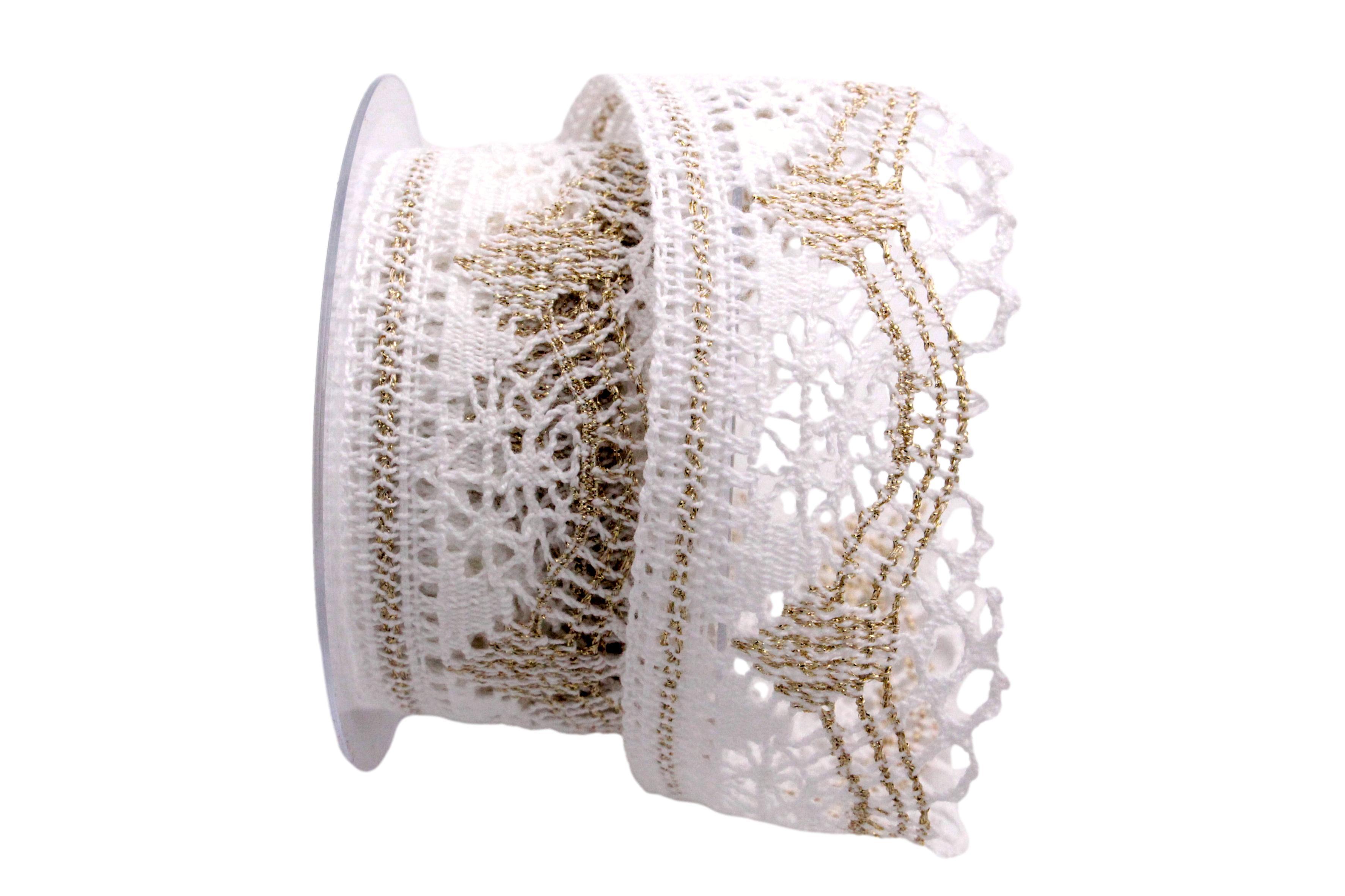 Dekoband Spitze 50mm weiß / gold ohne Draht