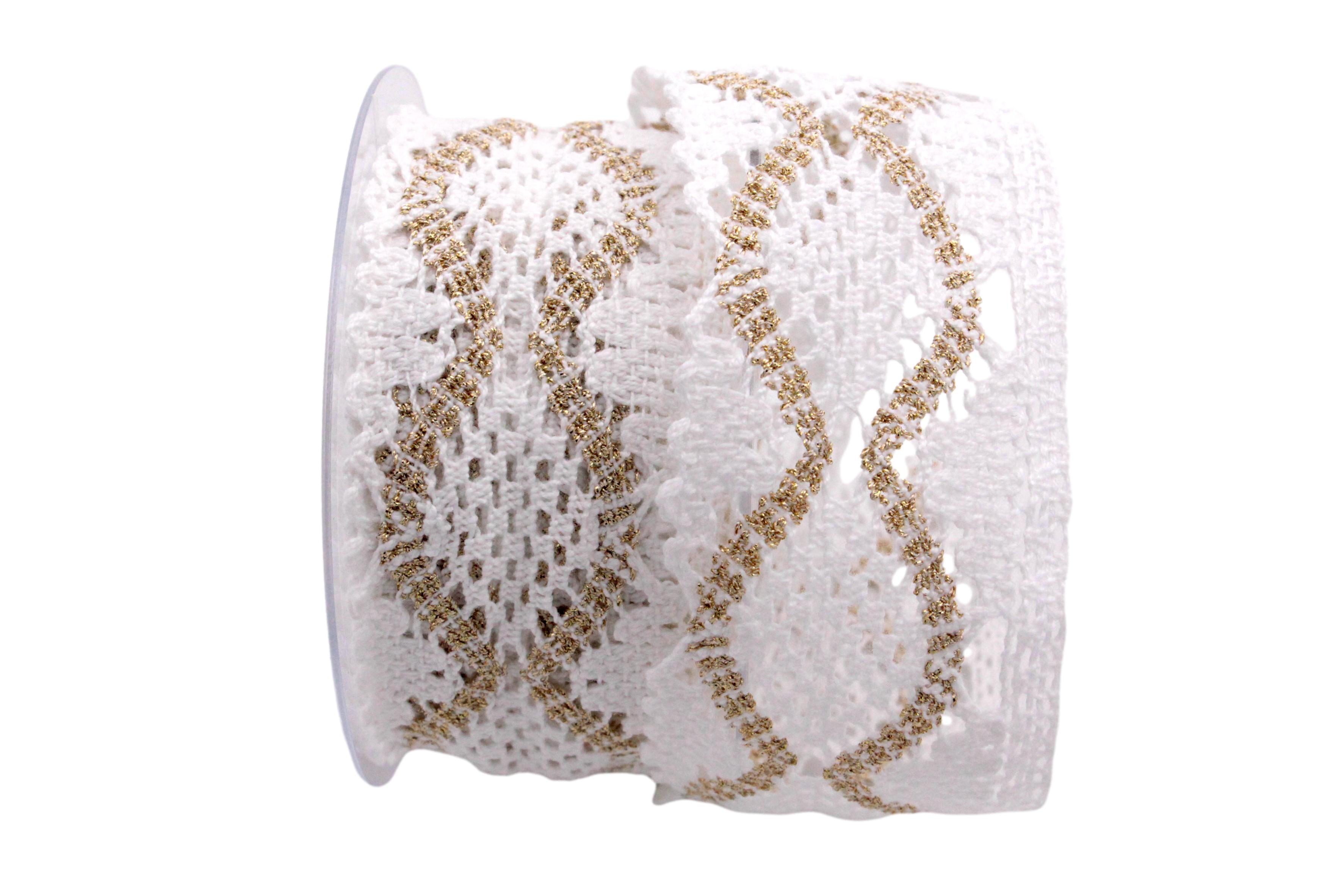 Dekoband Spitze 50mm weiß / gold ohne Draht