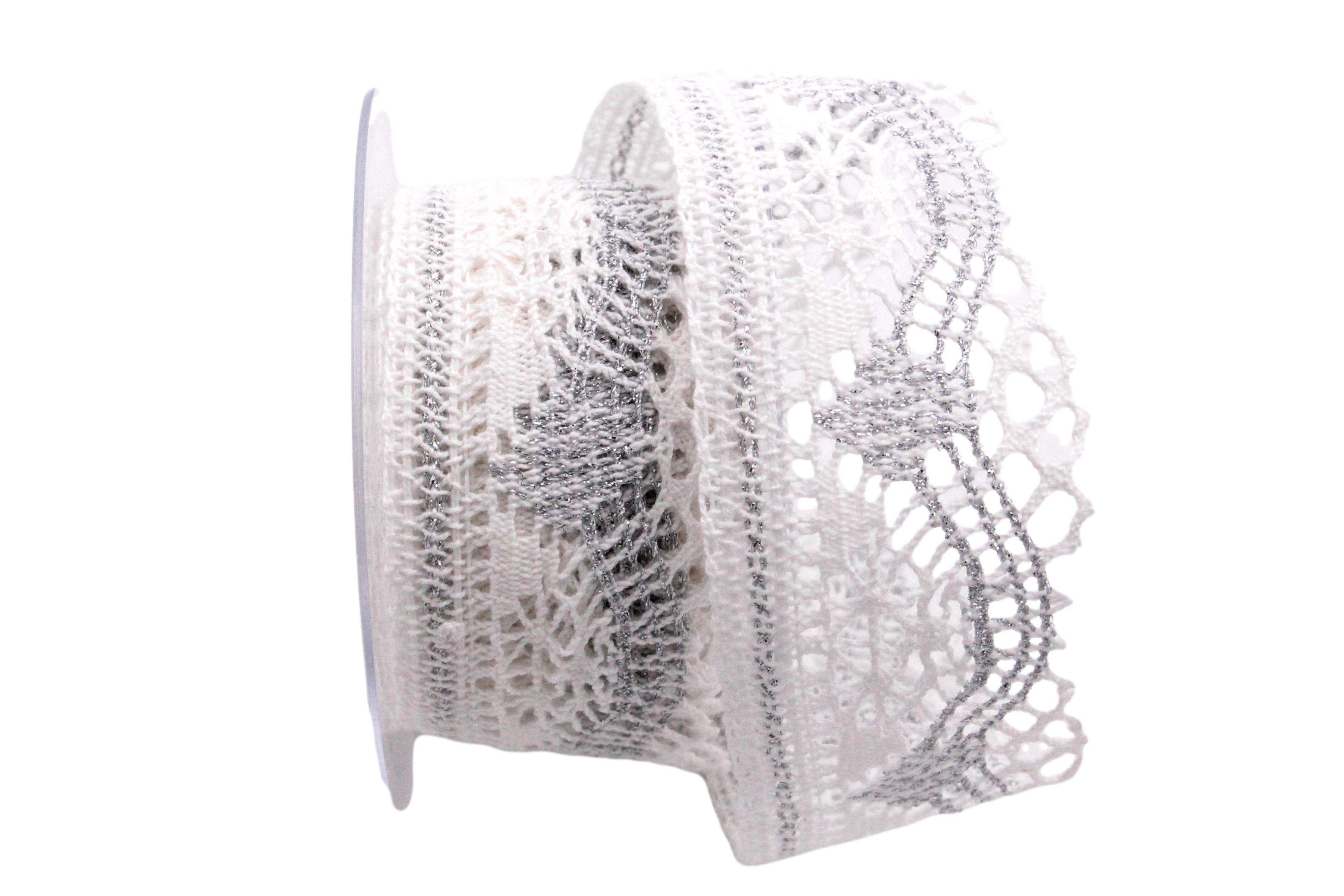 Dekoband Spitze 50mm weiß / silber ohne Draht