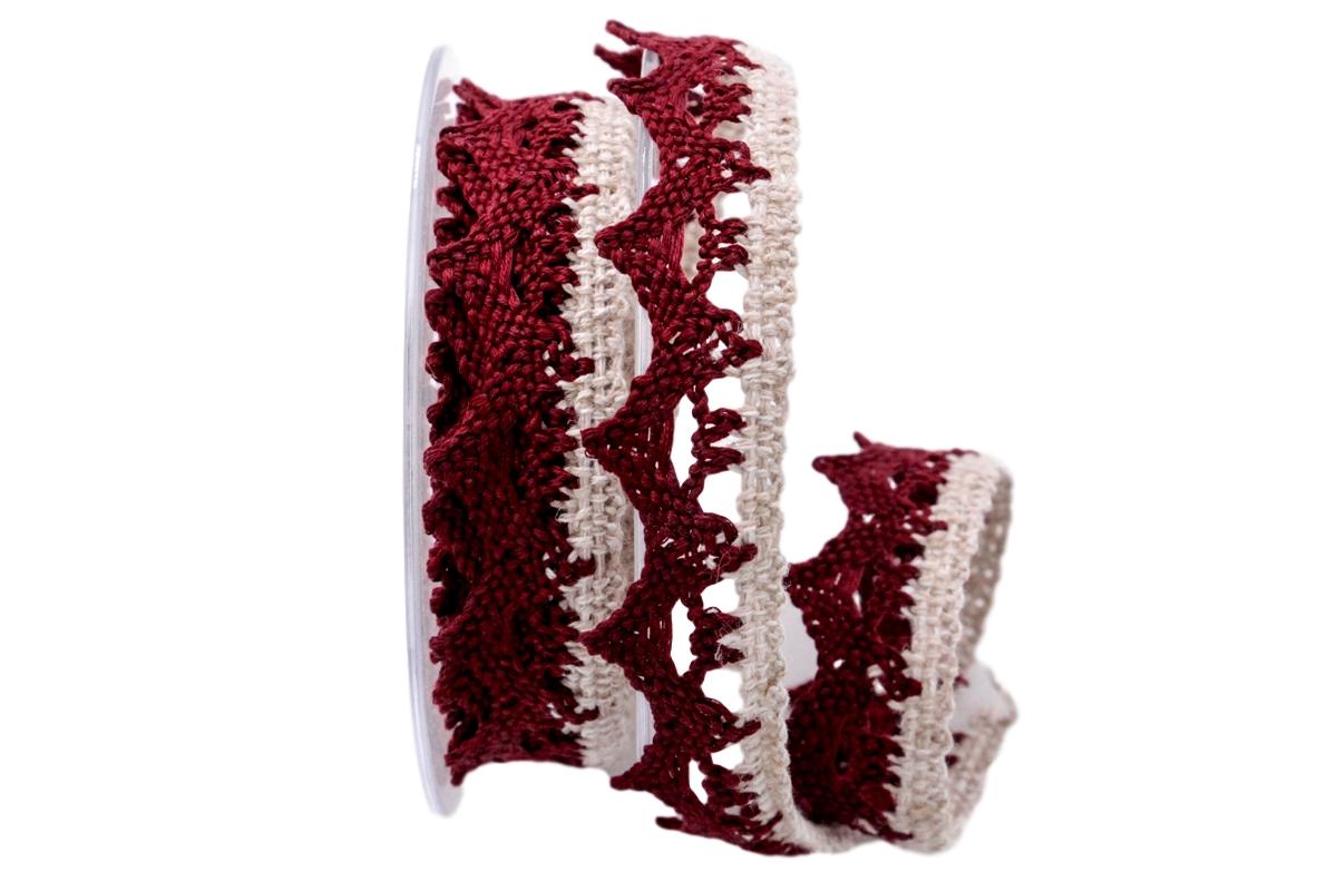 Dekoband Spitze bordeaux / natur 25mm ohne Draht
