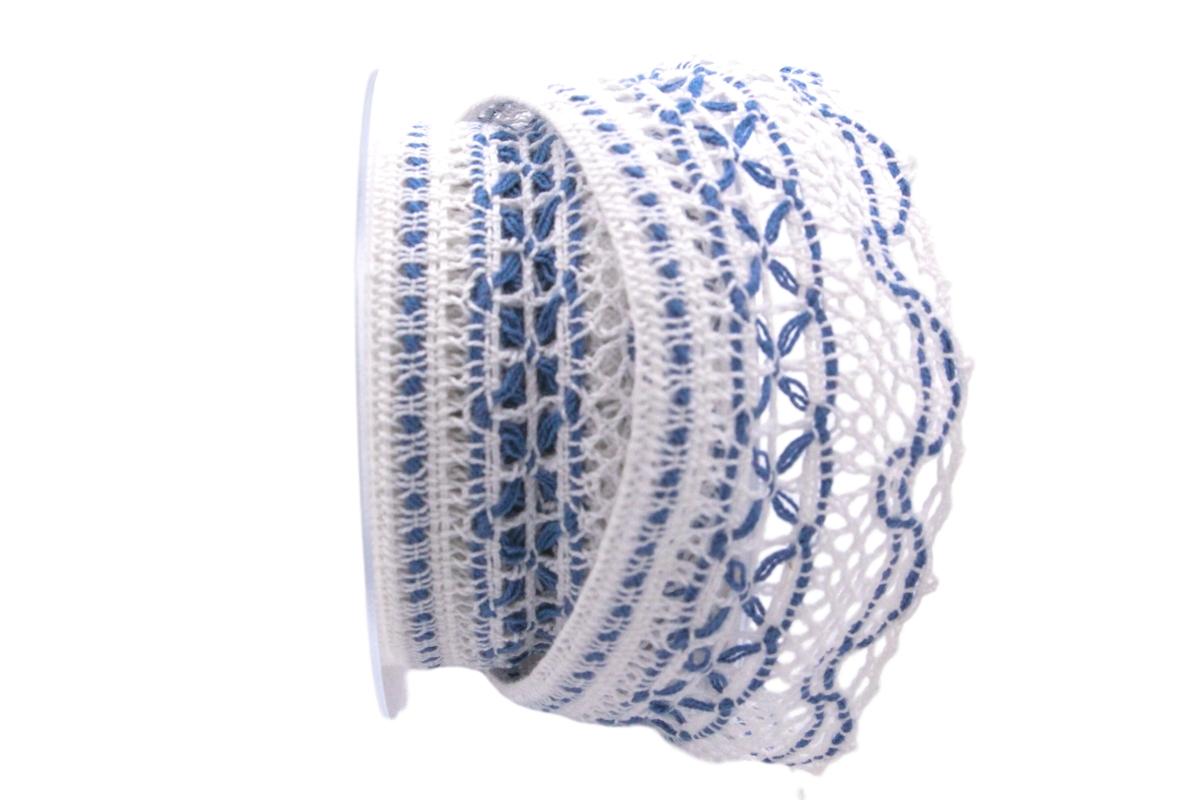 Dekoband Spitze weiß / blau 50mm ohne Draht
