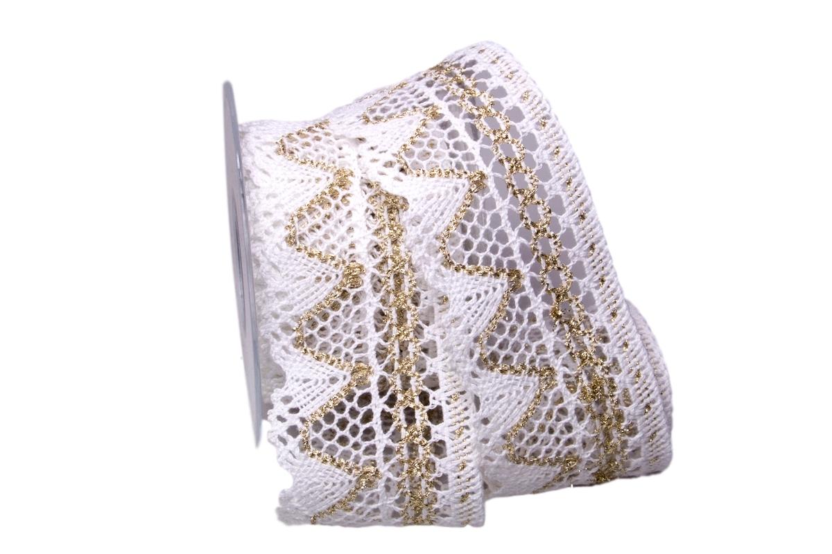 Dekoband Spitze weiß / gold 65mm ohne Draht