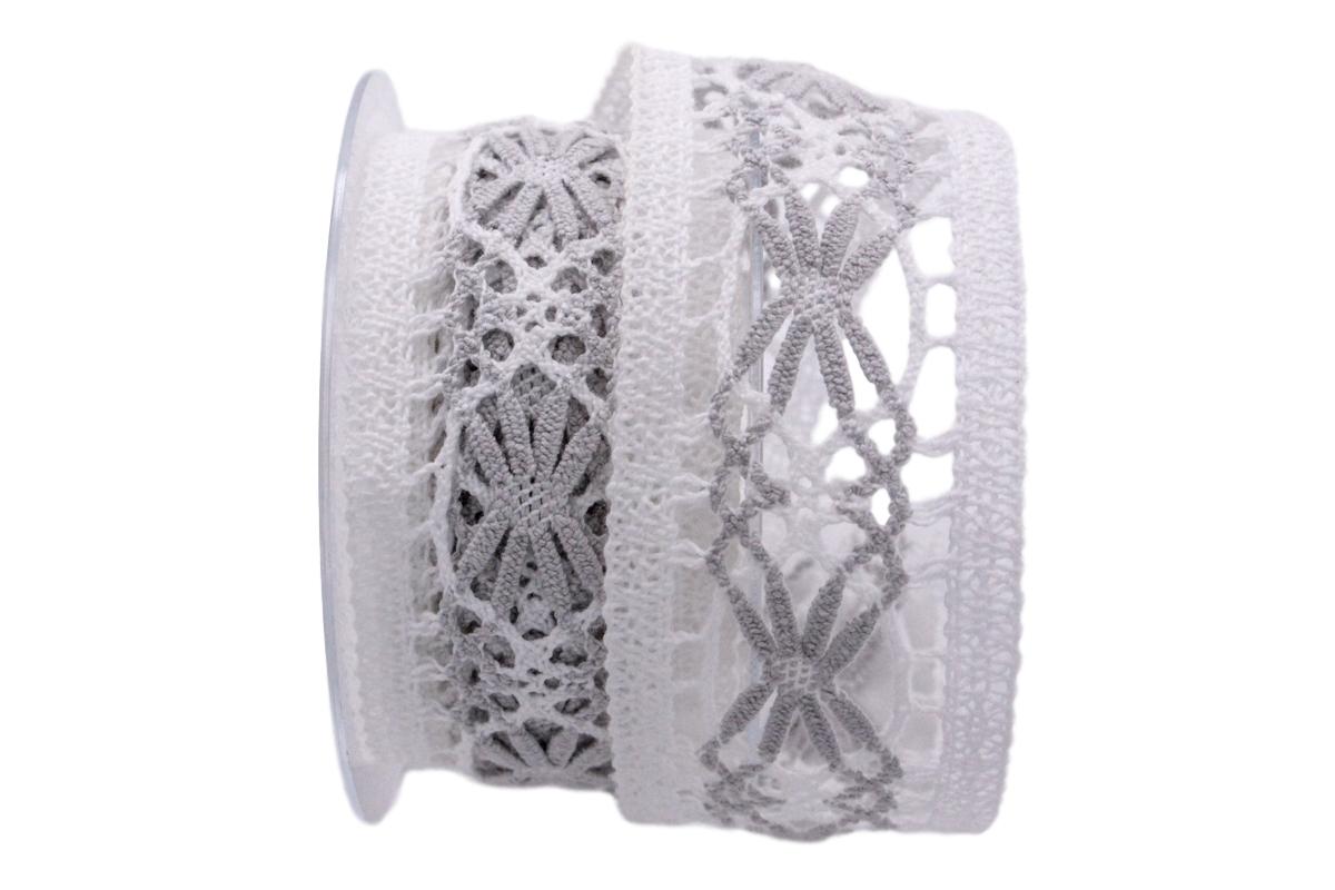 Dekoband Spitze weiß / grau 50mm ohne Draht