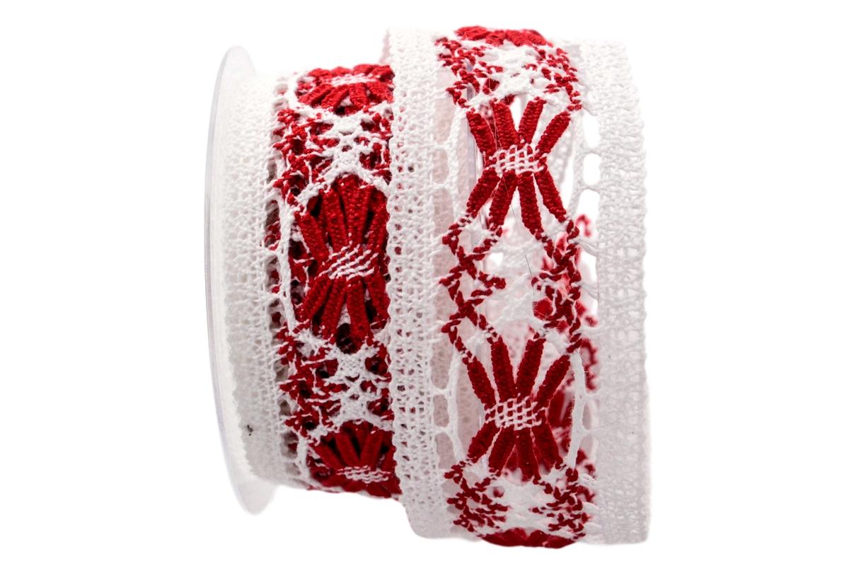 Dekoband Spitze weiß / rot 50mm ohne Draht