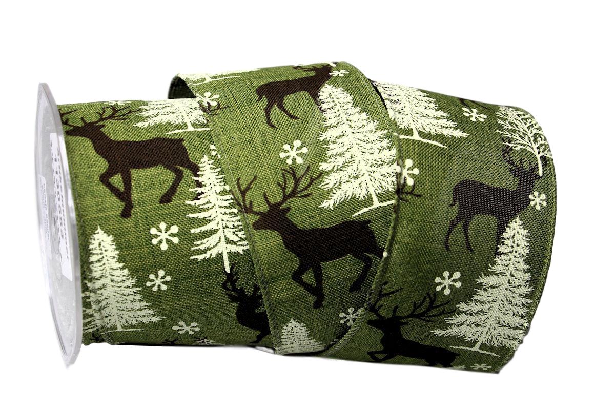 Dekoband Waldhirsche grün mit Draht 62mm