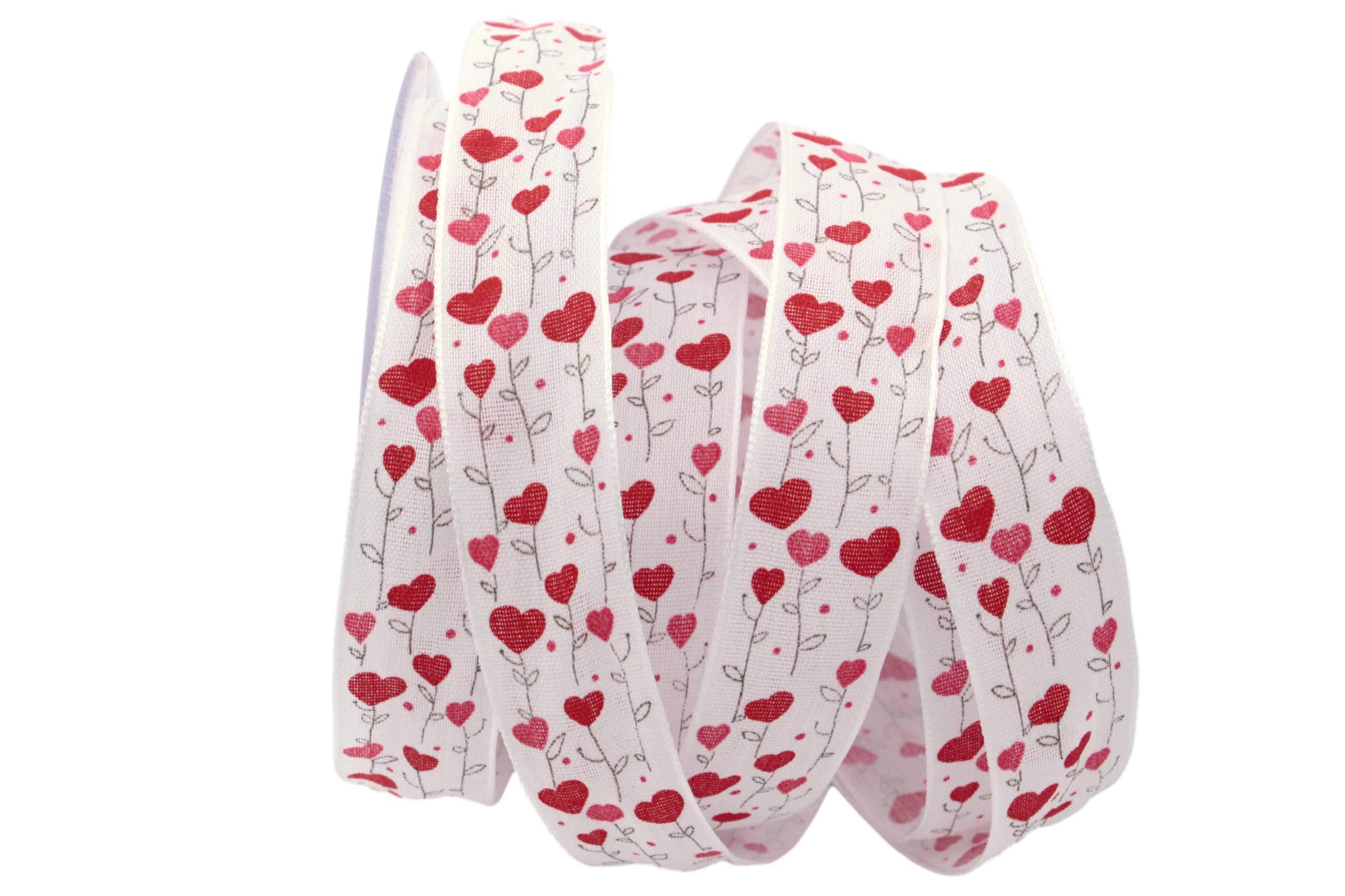 Herzband Blumenherz 25mm weiß / rot mit Nylonkante