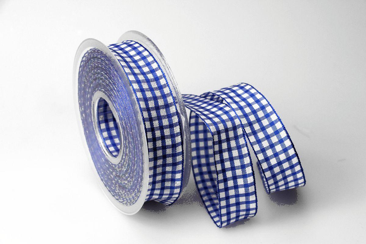 Karoband Landhauskaro Blau mit Draht 25mm