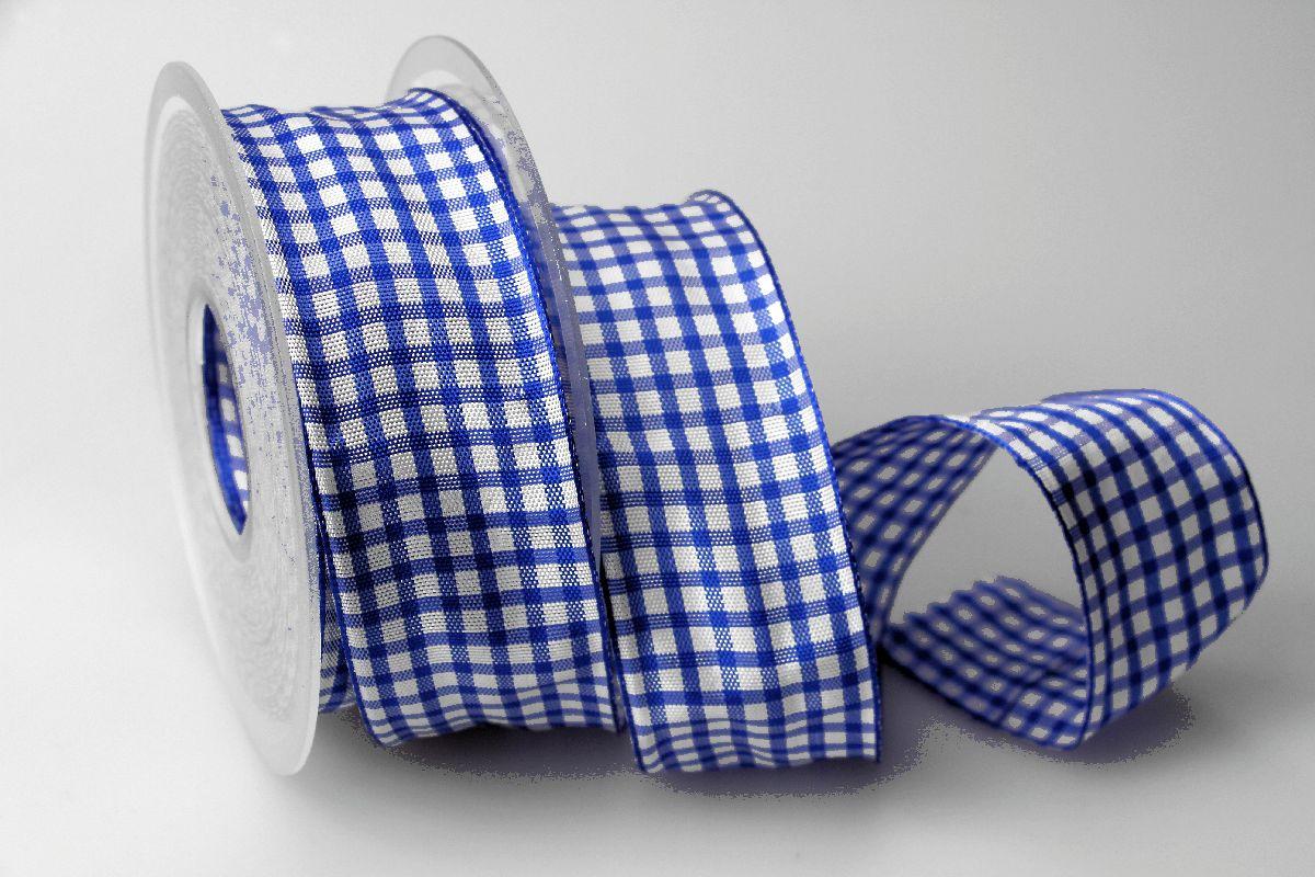 Karoband Landhauskaro Blau mit Draht 40mm