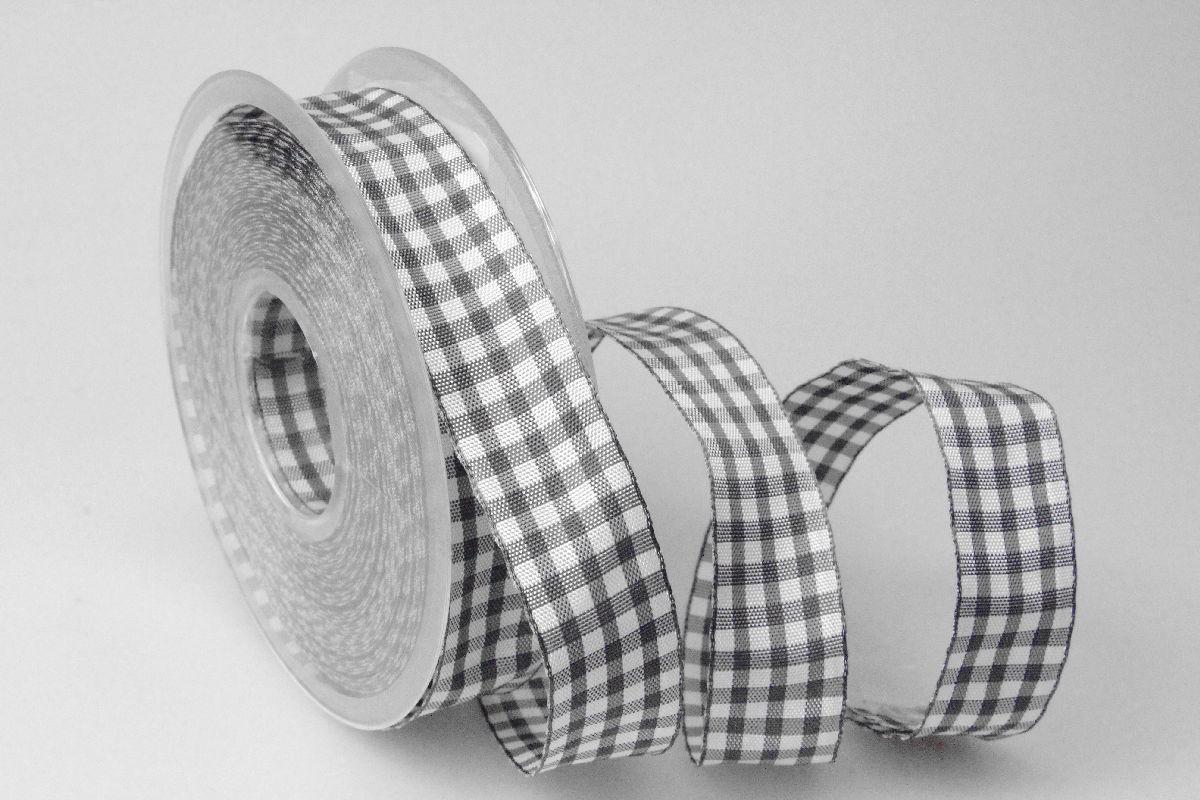 Karoband Landhauskaro grau mit Draht 25mm