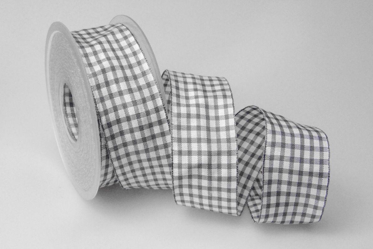 Karoband Landhauskaro grau mit Draht 40mm