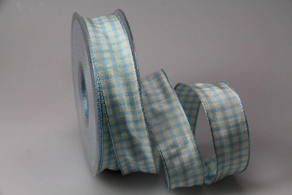 Karoband Landhauskaro Hellblau mit Draht 25mm