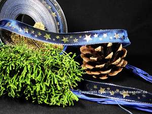 Weihnachtsband Sterne Blau/Gold mit Draht 15mm