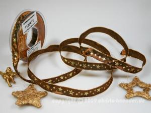 Weihnachtsband Sterne Braun Gold mit Draht 15mm