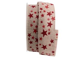 Geschenkband Dekoband Schleifenband Baumwollband Sternenhimmel natur / rot 40mm ohne Draht