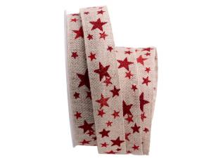 Baumwollband Sternenhimmel natur / rot 25mm ohne Draht im Bänder Großhandel günstig kaufen!