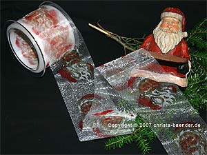 Weihnachtsband Weihnachtsmann Rot/Creme/Gold ohne Draht 70mm