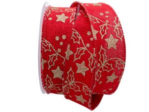 Weihnachtsband Sternenwald rot 40mm mit Draht