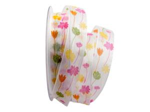 Geschenkband Dekoband Schleifenband Blumenband Prato fiorito weiß / bunt 25mm mit Nylonkante