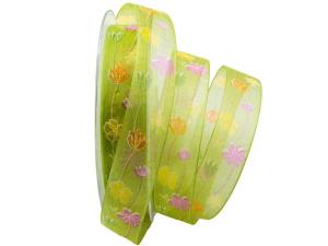 Geschenkband Dekoband Schleifenband Blumenband Prato fiorito hellgrün / bunt 25mm mit Nylonkante
