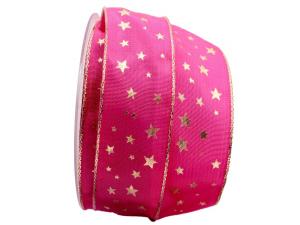 Weihnachtsband Goldsterne pink 40mm mit Draht