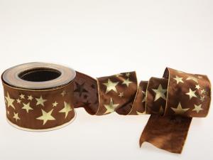 Weihnachtsband Gold-Sterne Braun mit Draht 70mm