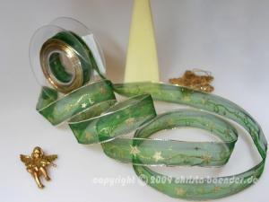 Weihnachtsband Kordelstern Grün mit Draht 25mm