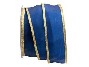 Geschenkband Dekoband Schleifenband Uniband mit breiter Goldkante ca. 40mm blau ohne Draht