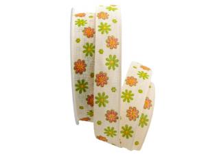 Geschenkband Dekoband Schleifenband Baumwollband Blumenwiese creme / bunt 25mm ohne Draht