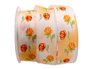 Blumenband Rosenzauber Orange mit Draht 40mm