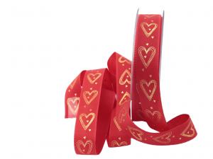 Herzband Herzlinien rot / gold 25mm ohne Draht