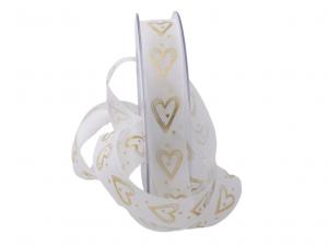 Herzband Herzlinien weiß / gold 25mm ohne Draht