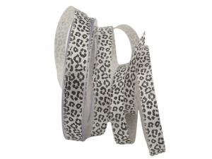 Satinbandband Leoprint 15mm weiß / schwarz ohne Draht