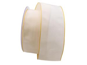 Geschenkband Dekoband Schleifenband Uniband SONDERFARBE creme mit gelbem Rand 65mm mit Draht