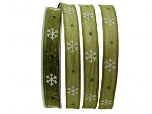 Weihnachtsband Eiskristall grün 15mm mit Draht