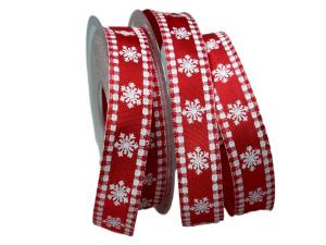 Geschenkband Dekoband Schleifenband Weihnachtsband Eiskristall rot / weiß 25mm mit Draht