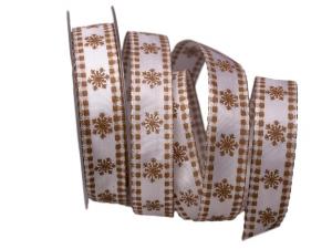 Geschenkband Dekoband Schleifenband Weihnachtsband Eiskristall weiß / braun 25mm mit Draht