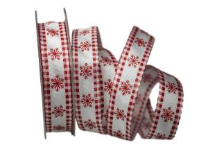 Geschenkband Dekoband Schleifenband Weihnachtsband Eiskristall weiß / rot 25mm mit Draht