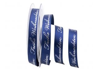 Weihnachtsband Frohe Weihnachten Blau 15 mm ohne Draht