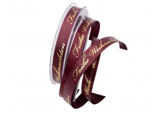 Weihnachtsband Frohe Weihnachten Bordeaux 15 mm ohne Draht