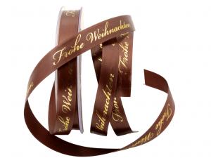 Weihnachtsband Frohe Weihnachten Braun 15 mm ohne Draht Weihnachtsband Frohe Weihnachten Braun 15 mm ohne Draht