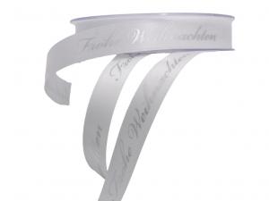 Weihnachtsband Frohe Weihnachten Weiss 15 mm ohne Draht Weihnachtsband Frohe Weihnachten Weiss 15 mm ohne Draht