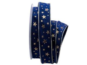 Weihnachtsband Gold-Sterne Blau mit Draht 25mm