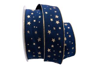 Weihnachtsband Gold-Sterne Blau mit Draht 40mm